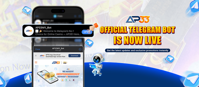 AP33 promotional banner announcing the official Telegram bot is now live, featuring a smartphone preview, AP33 logo, and robot mascot.