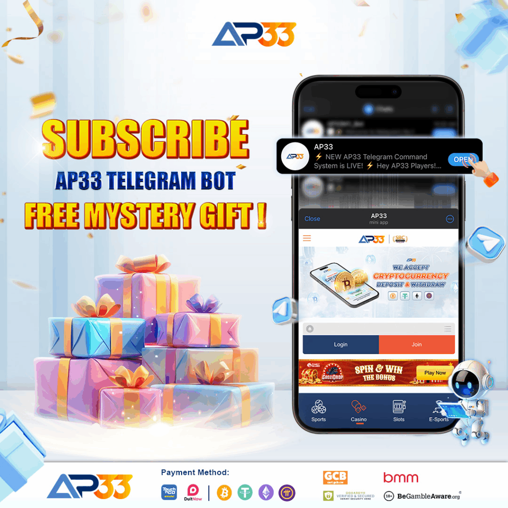 AP33 promotional banner featuring a mobile phone, colorful gift boxes, and text promoting subscription to the AP33 Telegram Bot with a free mystery gift.